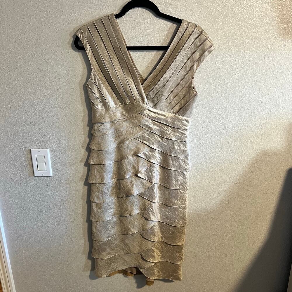 Cache Metallic Champagne Tiered Cocktail Dress